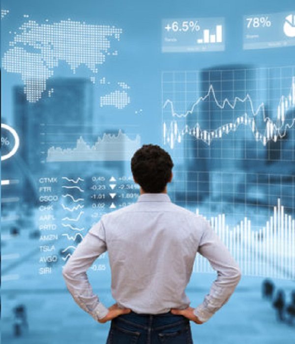 Person analyzing financial dashboard with KPI and business district background Person analyzing a financial dashboard with key performance indicators (KPI) and business intelligence (BI) charts with a business district cityscape in background